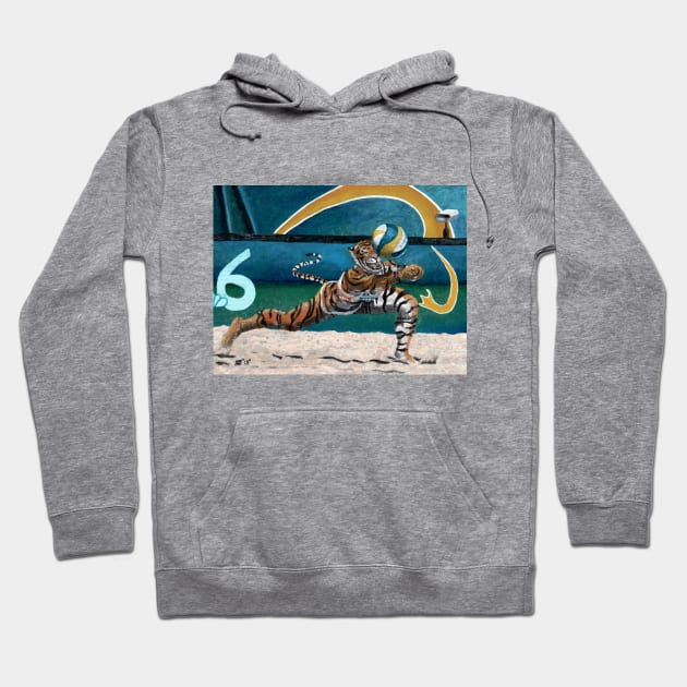 Cat Warrior Playing Volleyball Fantasy Artwork Hoodie by Helms Art Creations